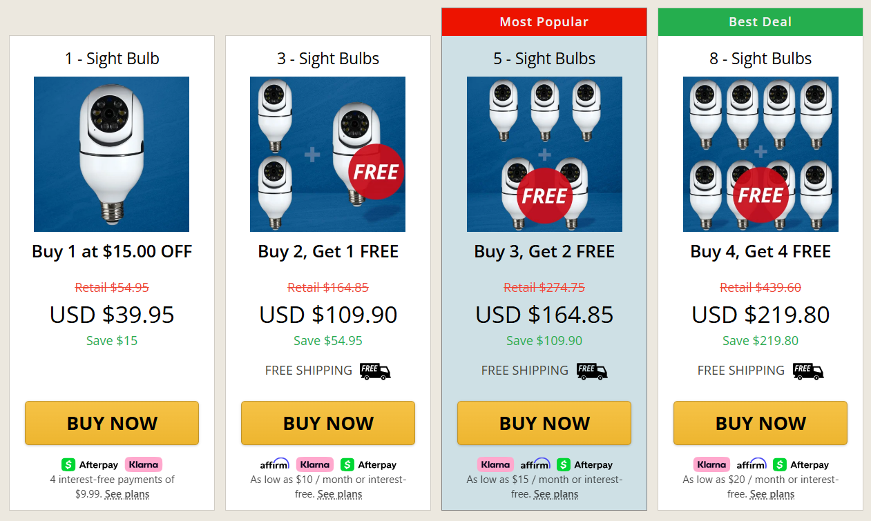 Sight Bulb pricing packages - 1 bottle, 3 bottles, 6 bottles options with savings